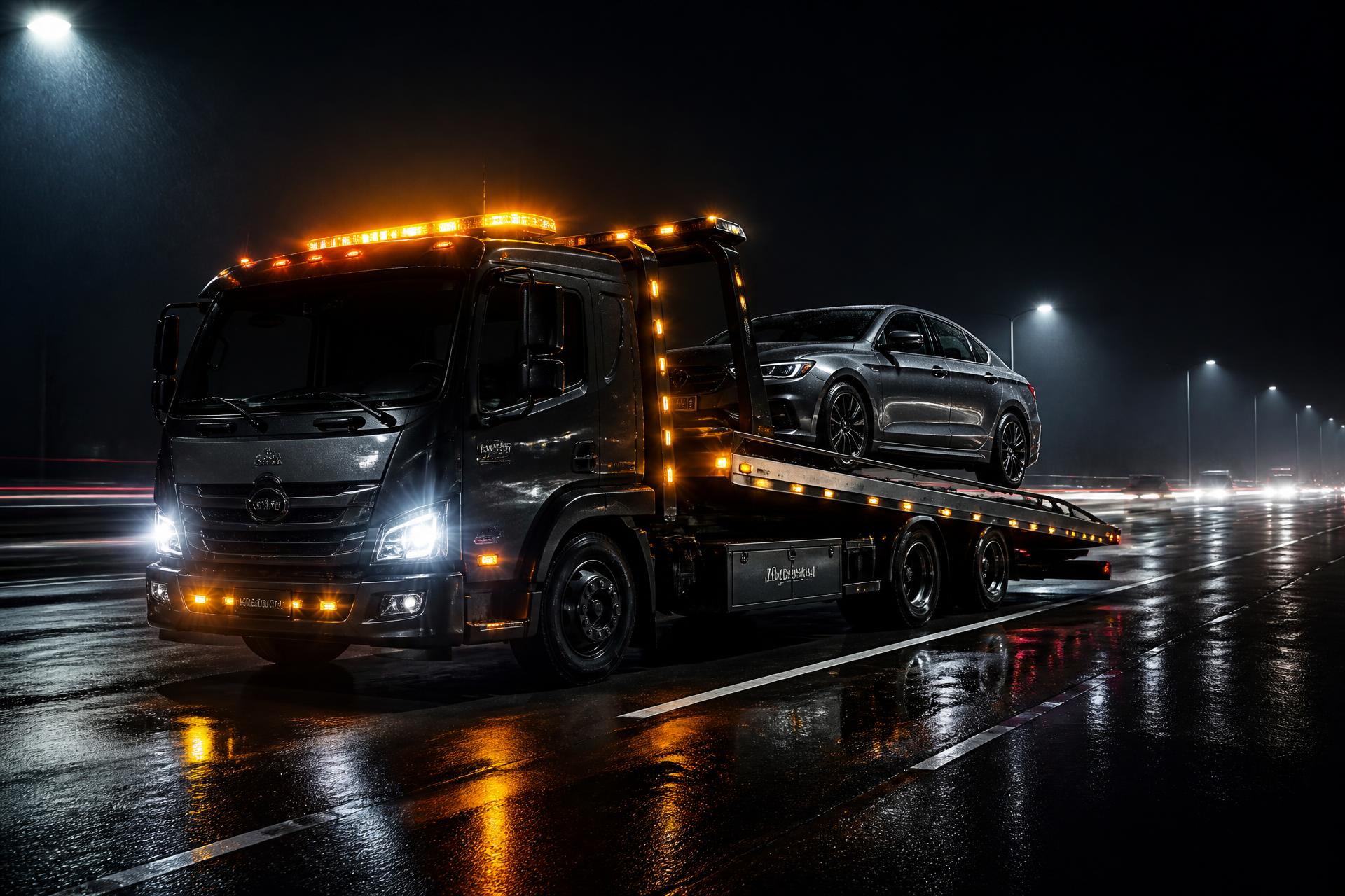 Grúa de plataforma cargando un vehículo en carretera de noche