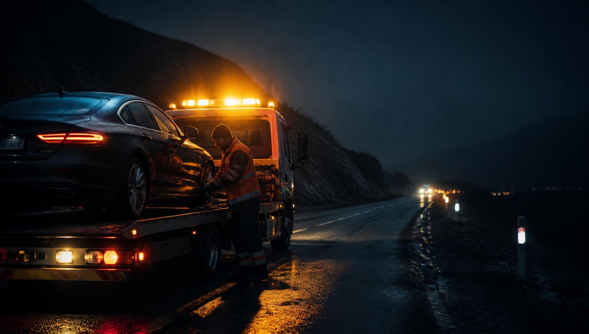 Operador de grúa asistiendo un vehículo de noche en carretera